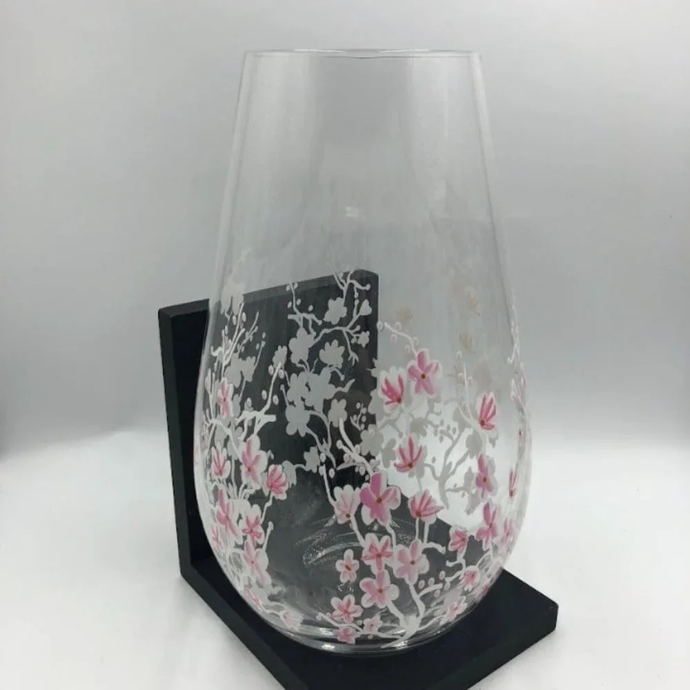 Cherry Blossom Themed Glass Vase Floral Weighted Bottom Delicate Décor Tabletop